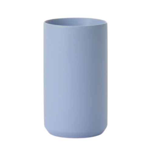 A matte light blue cylindrical vase for 
flwoers